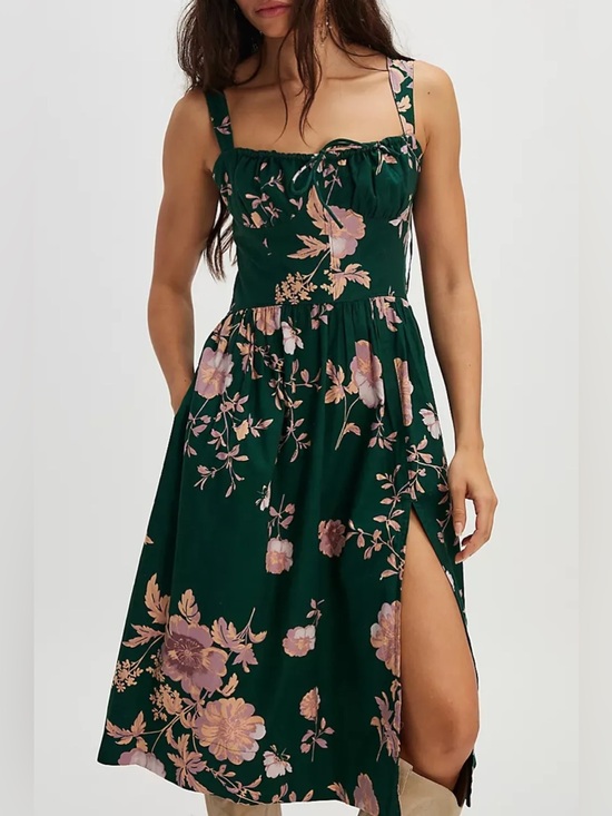 Free People Dresses & Skirts - Free People Green Floral Corset Midi Dress S Cottagecore Slit Pockets Romantic